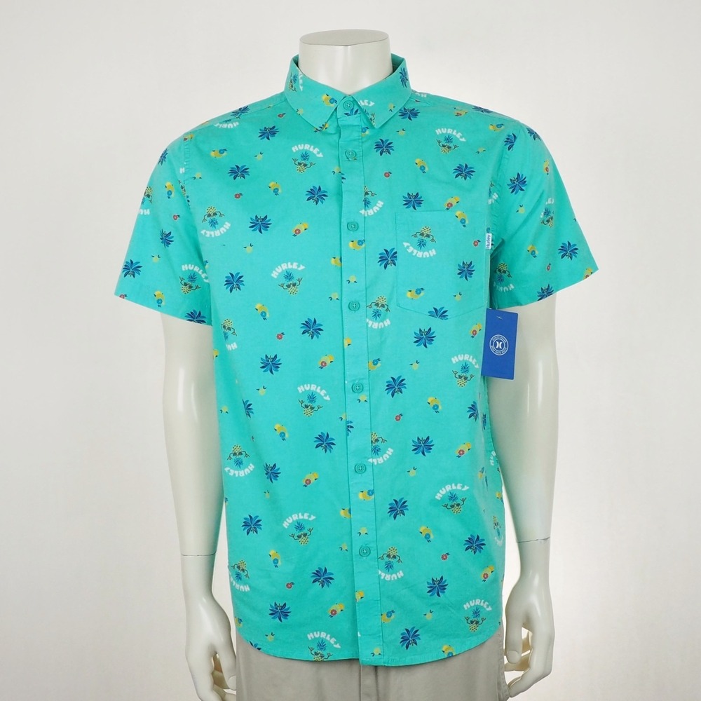 New Hurley Bros Stretch Button Down Shirt Mens Medium Aqua Blue Floral Pineapple
